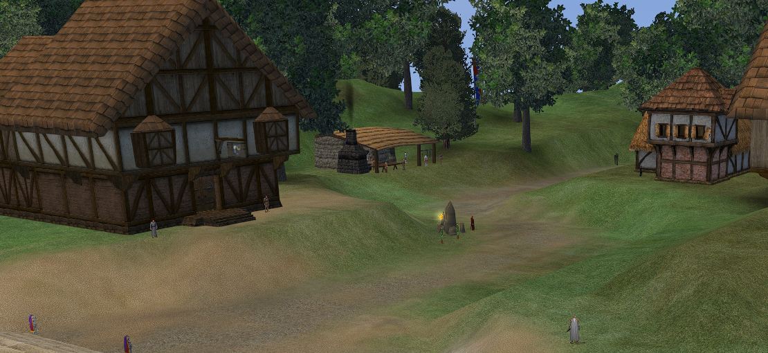 In-game screenshot: Cotswold Village in Albion, timber-framed houses with tiled roofs on green rolling hills under a clear sky