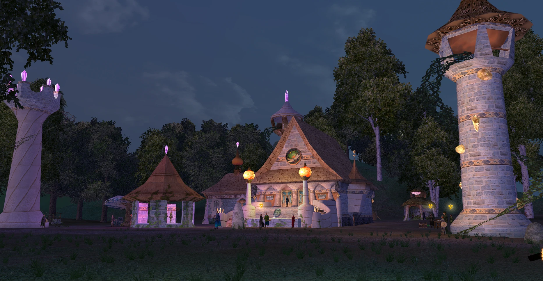 In-game screenshot: Mag Mell, a Hibernian village, at nightfall, white stone towers topped with violet crystals, a guild house lit by glowing orbs and villagers gathered in front