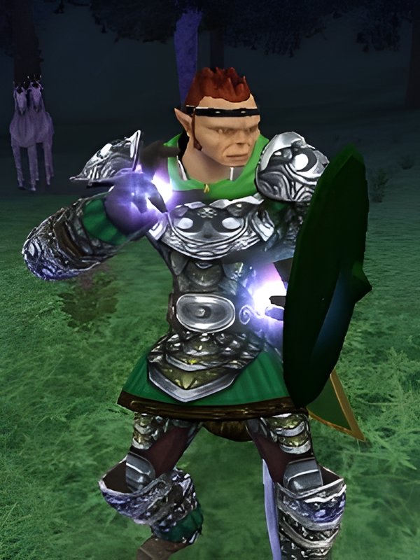 In-game screenshot: a Hibernian warrior in silver and green armour with a shield, glowing violet hands, on a grassy field at dusk