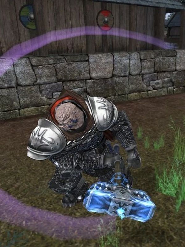 In-game screenshot: a Midgard troll in heavy plate gripping a glowing blue warhammer, in front of a wooden longhouse