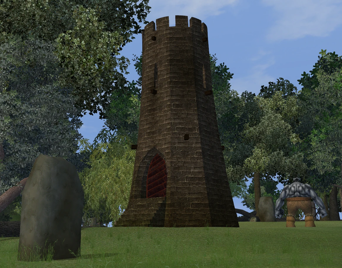 In-game screenshot: a dark round stone watchtower with battlements and a red barred arched door, in a forest clearing in Albion, a grey giant nearby