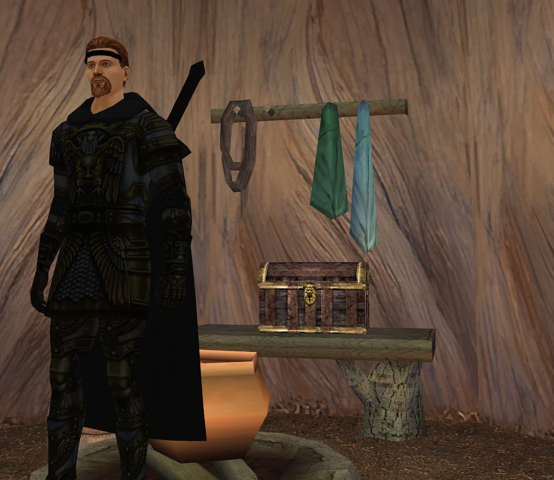 In-game screenshot: inside a tower, a Guard of Mordred in black armor stands next to an iron-bound chest with a gilded lion lock on a wooden bench