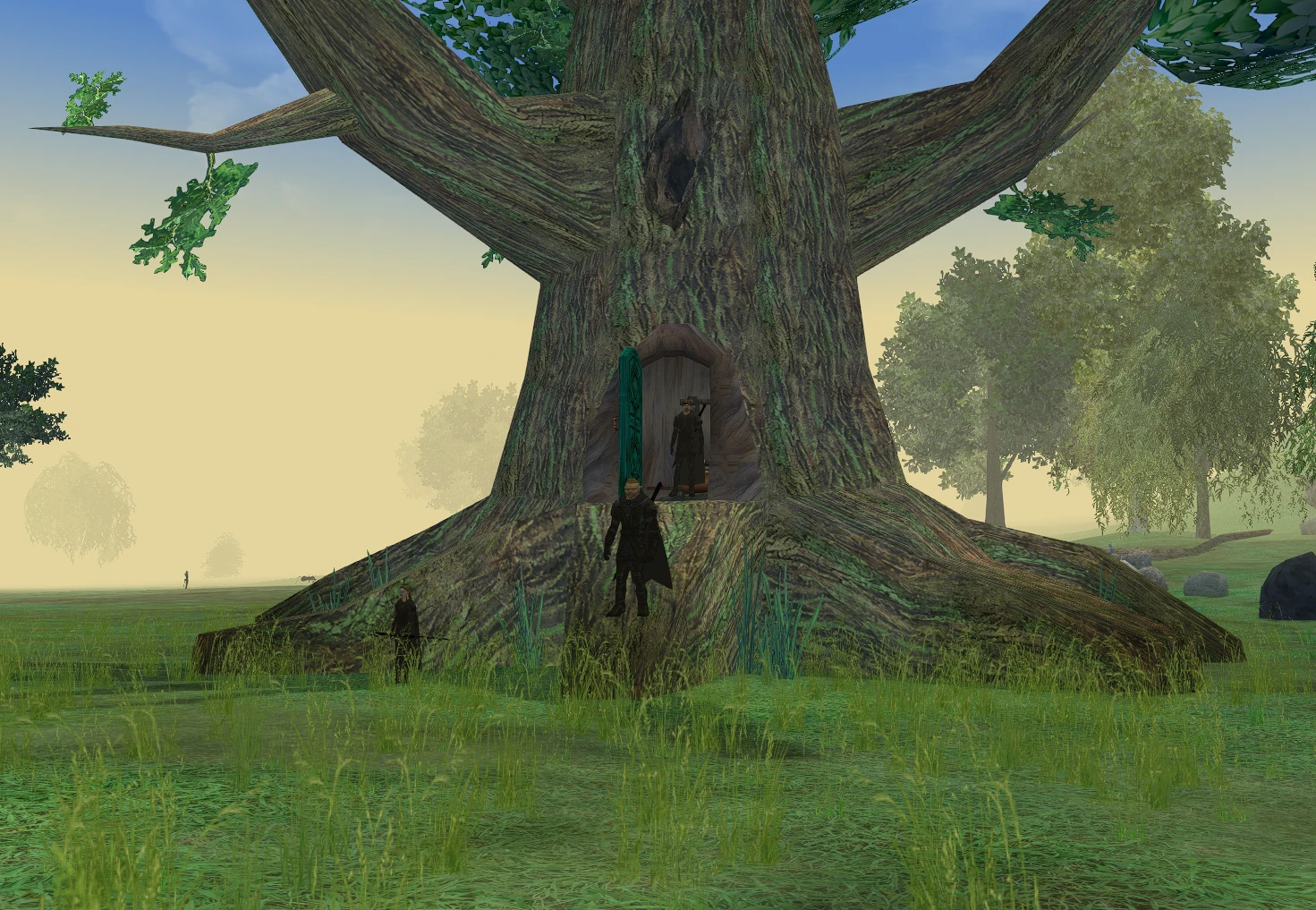 In-game screenshot: a giant hollow oak in Hibernia with an open door in its trunk, a guard in black at the entrance and the Tower Boss waiting inside
