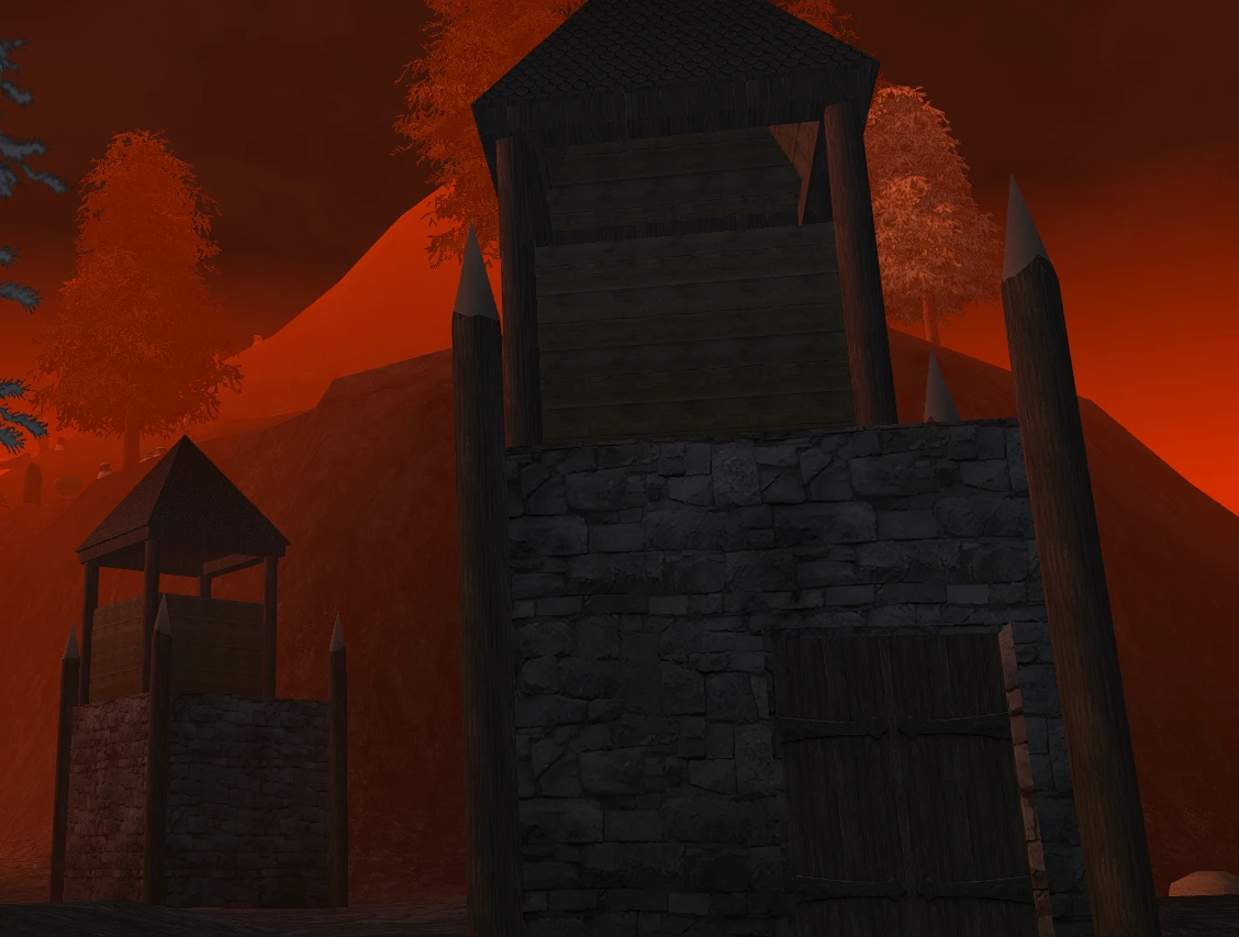 In-game screenshot: a Midgard wooden lookout tower on a stone base behind sharpened palisade stakes, under a blood-red sky